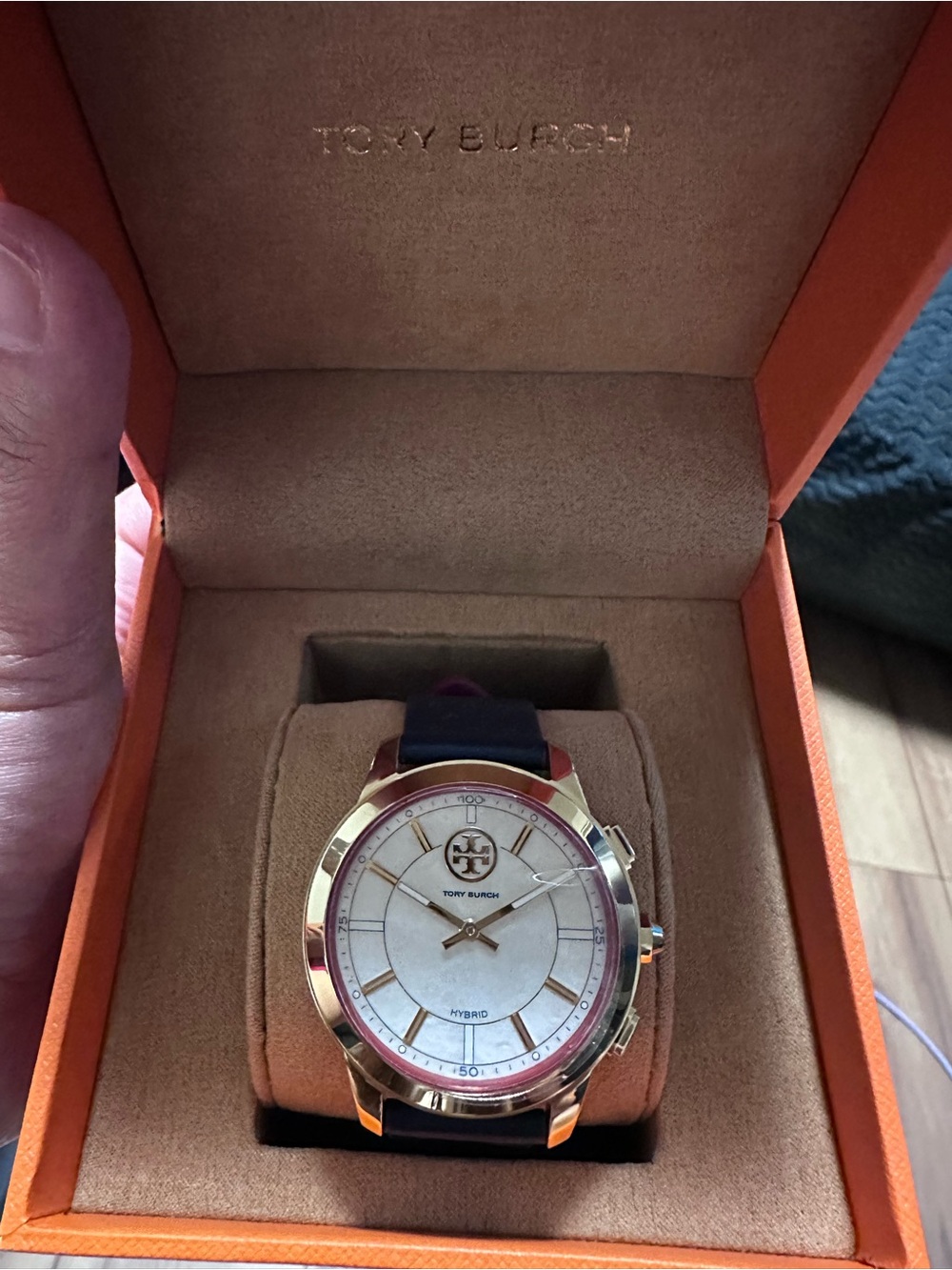 Tory Burch Gold-Tone Hybrid Watch with Navy Strap and White Dial
